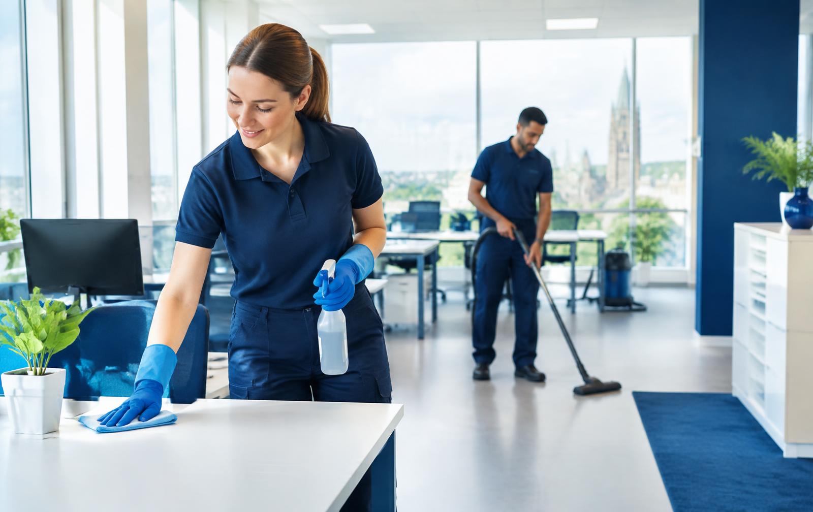 Schoonmakers van Freitas Clean aan het werk in een modern kantoor